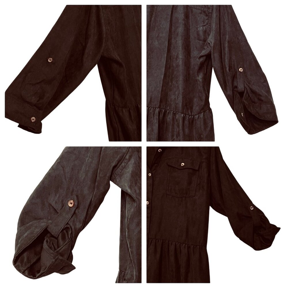 XL Black Midi Button-Up Dress Rolled Sleeves Pockets Millennium Casual Boho - Picture 6 of 16